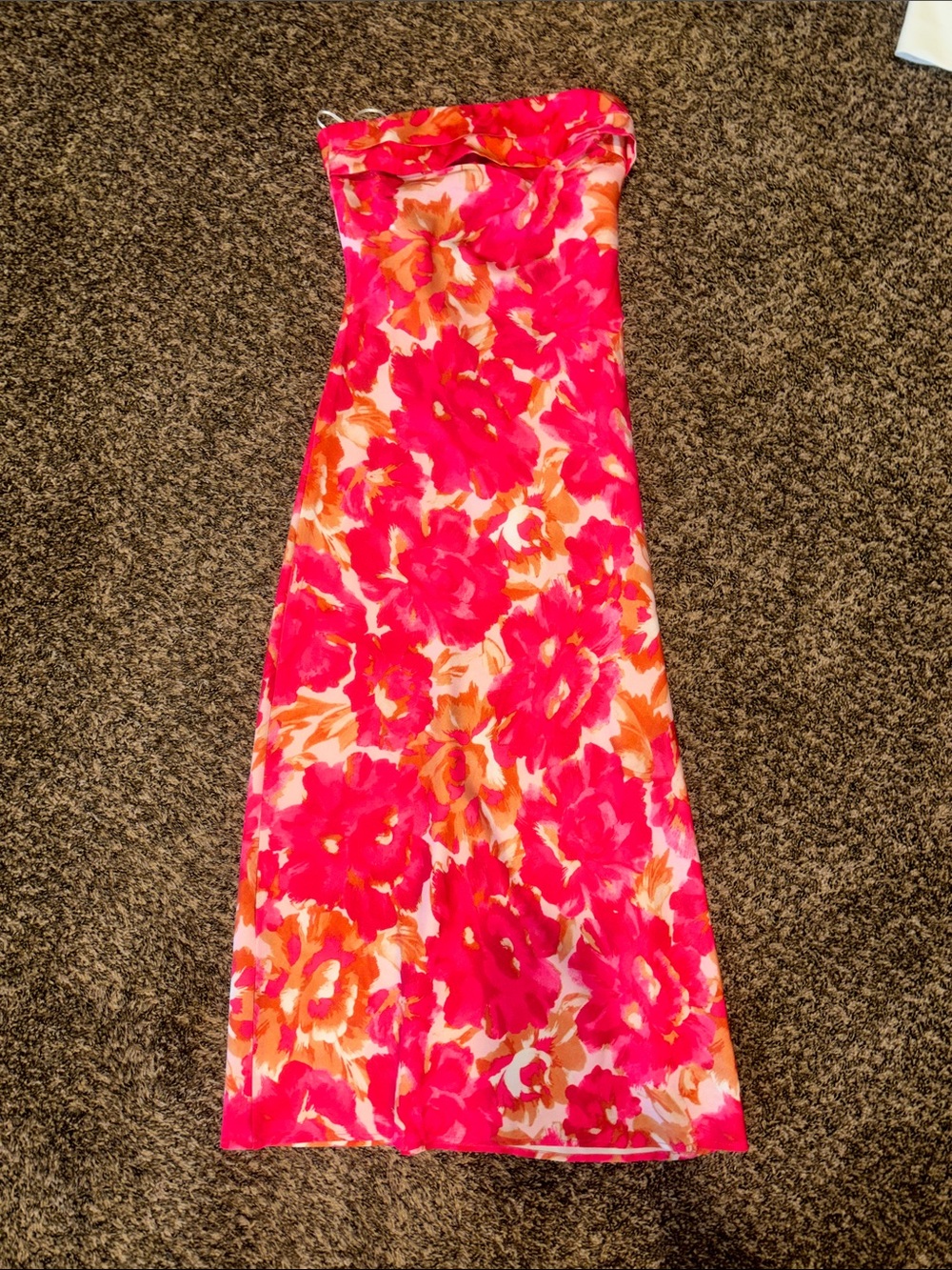 Strapless Floral Midi Dress in Hot Pink and Orange
